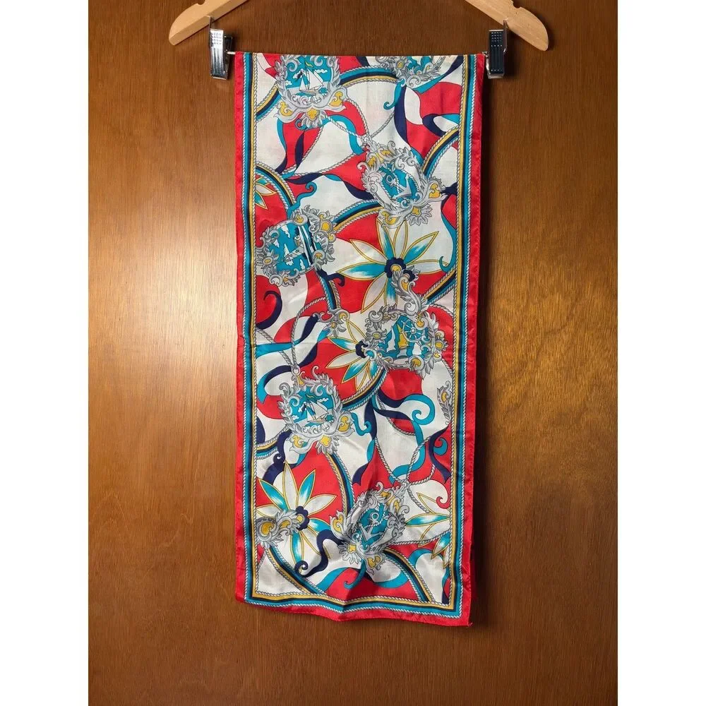 Vintage Nautical 100% Silk Scarf Red White Blue Made in Japan